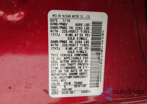 2016 Nissan Rogue S/Sl/Sv z USA, uszkodzony, nr VIN JN8AT2MT7GW023007